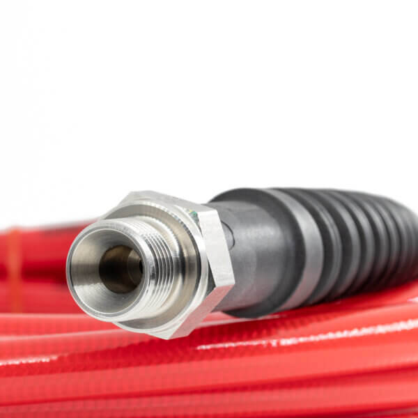 Edelstahl Anschlussstück mit 3/8" Außengewinde für Hochdrucklanze an rotem Hochdruckschlauch
